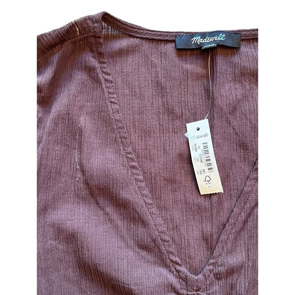 Madewell Semi-Sheer Shirred V-Neck Top in Chocolate Raisin XS mall New Womens - Picture 6 of 9